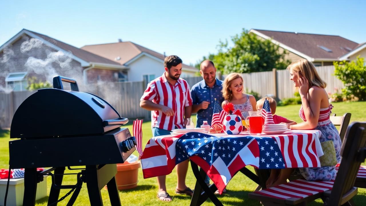 American family hosting a 4th of July backyard barbecue with grill smoking, picnic table, and stars-and-stripes decor on a sunny summer day