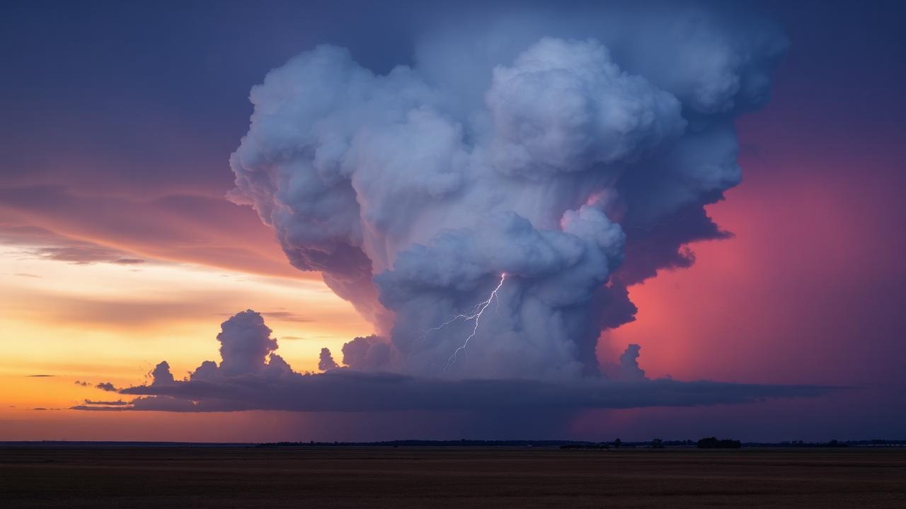 Dramatic American summer thunderstorm with towering cumulonimbus and lightning over a flat landscape at sunset