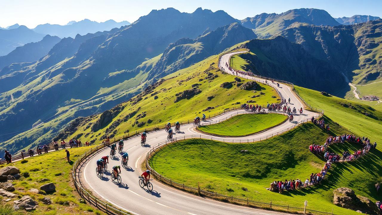 Cyclists climbing the hairpin switchbacks of Alpe d'Huez on a bright summer day