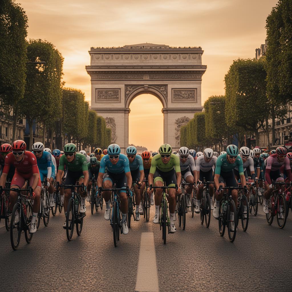 Champs-Élysées in Paris with the Arc de Triomphe in golden evening light