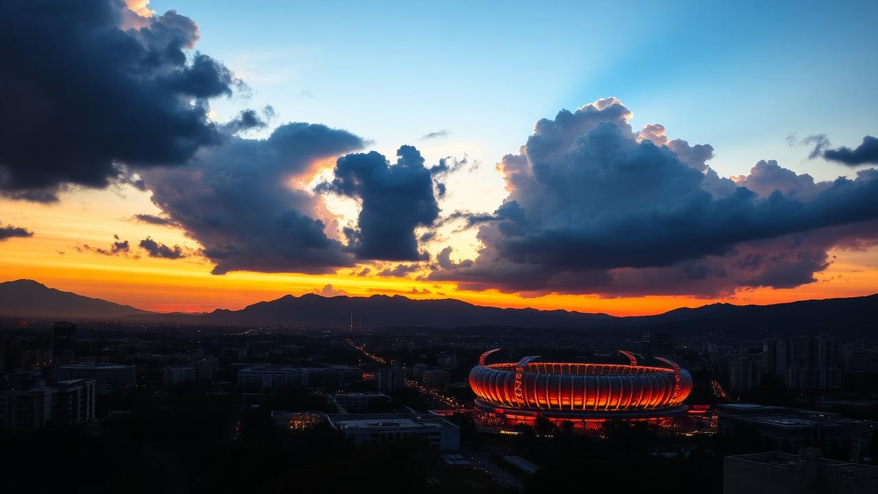 Mexico City skyline at sunset with distant mountains and afternoon storm clouds, near the iconic Estadio Azteca