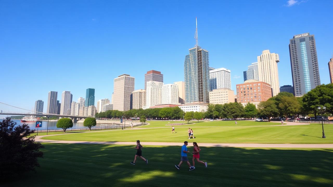 Sunny North American city waterfront with skyline and runners in a green park — typical World Cup fan-friendly weather